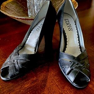 Vintage Franco Sarto Cassandra Leather Woven Open Toe Black 3.5” Block Heels 5.5
